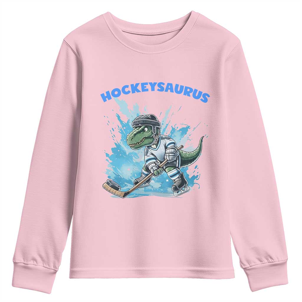 Hockeysaurus Youth Sweatshirt Funny Dinosaur Playing Ice Hockey Gift TS12 Light Pink Print Your Wear