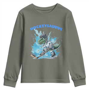 Hockeysaurus Youth Sweatshirt Funny Dinosaur Playing Ice Hockey Gift TS12 Military Green Print Your Wear