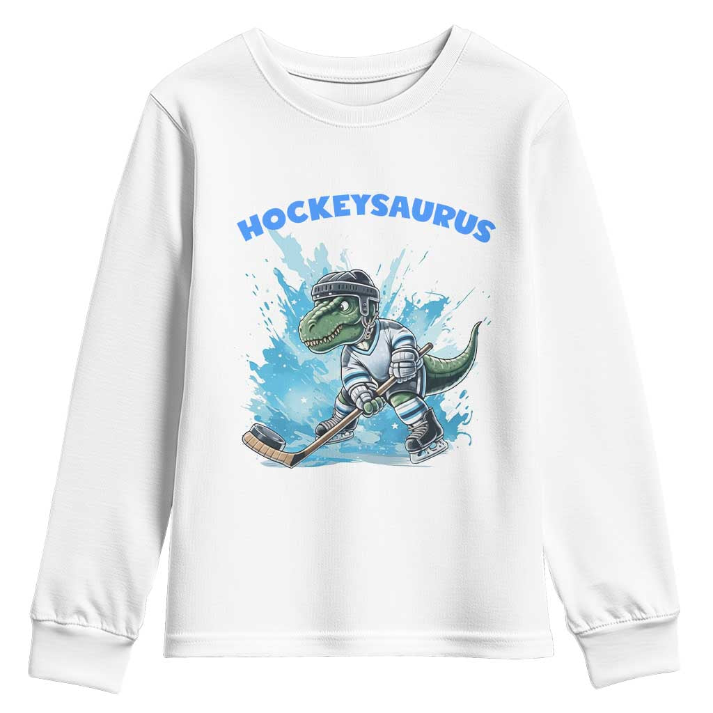 Hockeysaurus Youth Sweatshirt Funny Dinosaur Playing Ice Hockey Gift TS12 White Print Your Wear