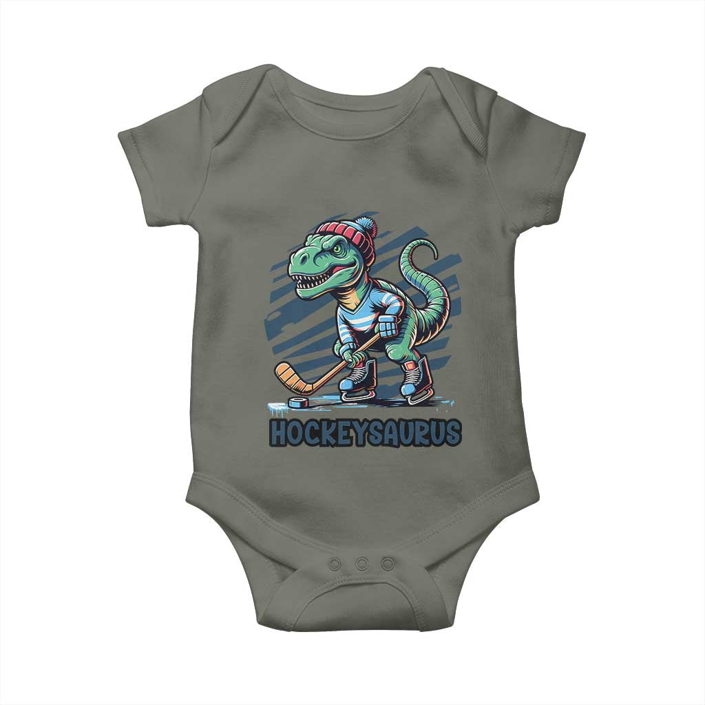 Funny Dinosaur Playing Ice Hockey Baby Onesie Hockeysaurus Gift For Kids TS12 Military Green Print Your Wear