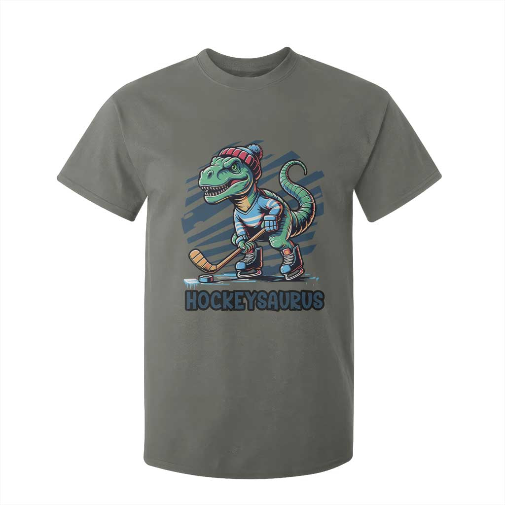 Funny Dinosaur Playing Ice Hockey T Shirt For Kid Hockeysaurus Gift For Kids TS12 Military Green Print Your Wear