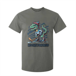 Funny Dinosaur Playing Ice Hockey T Shirt For Kid Hockeysaurus Gift For Kids TS12 Military Green Print Your Wear