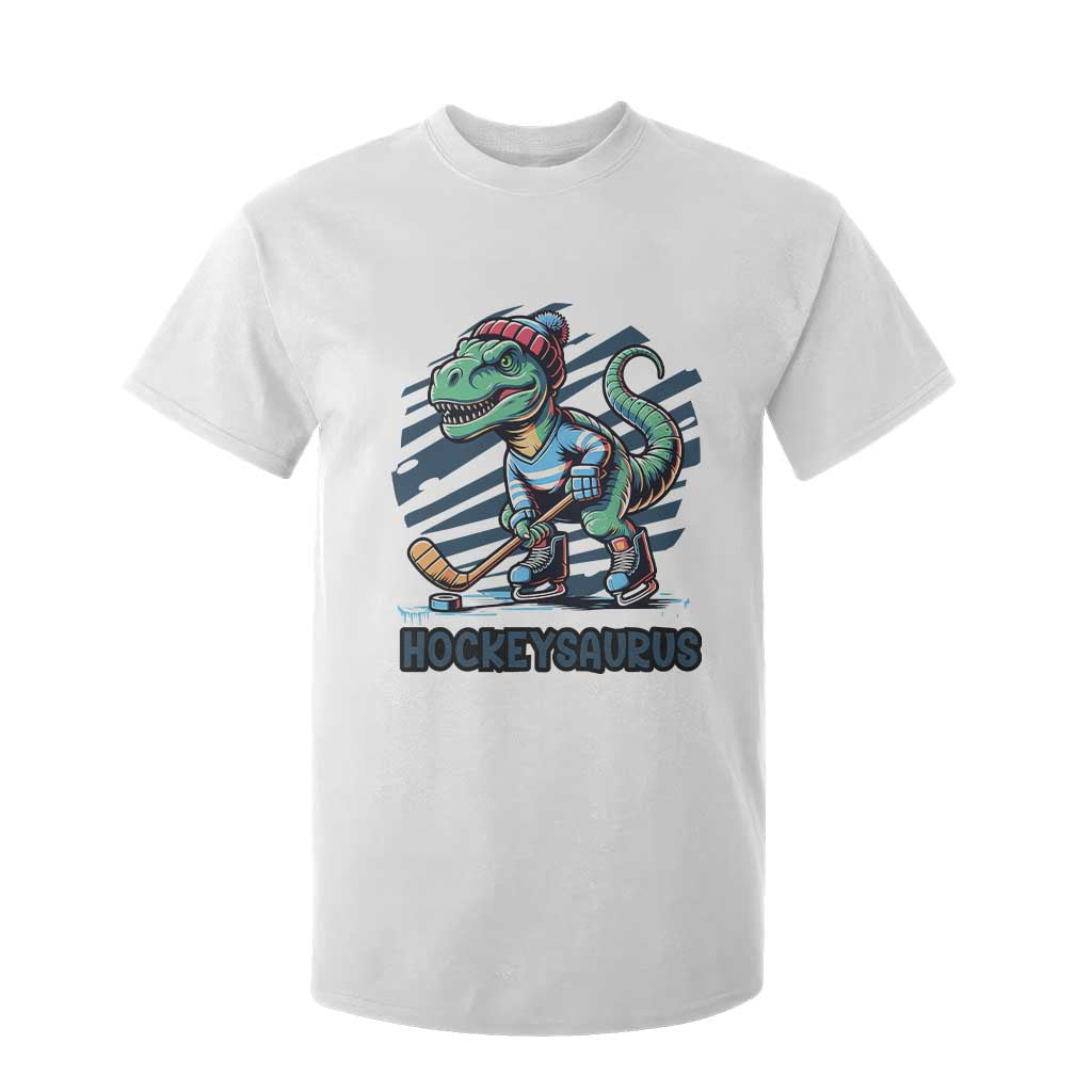 Funny Dinosaur Playing Ice Hockey T Shirt For Kid Hockeysaurus Gift For Kids TS12 White Print Your Wear