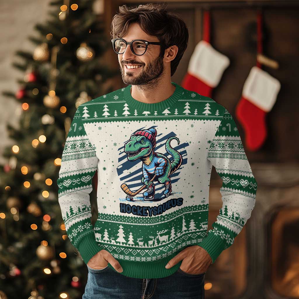Funny Dinosaur Playing Ice Hockey Ugly Christmas Sweater Hockeysaurus Gift For Kids TS12 Beige Green Print Your Wear
