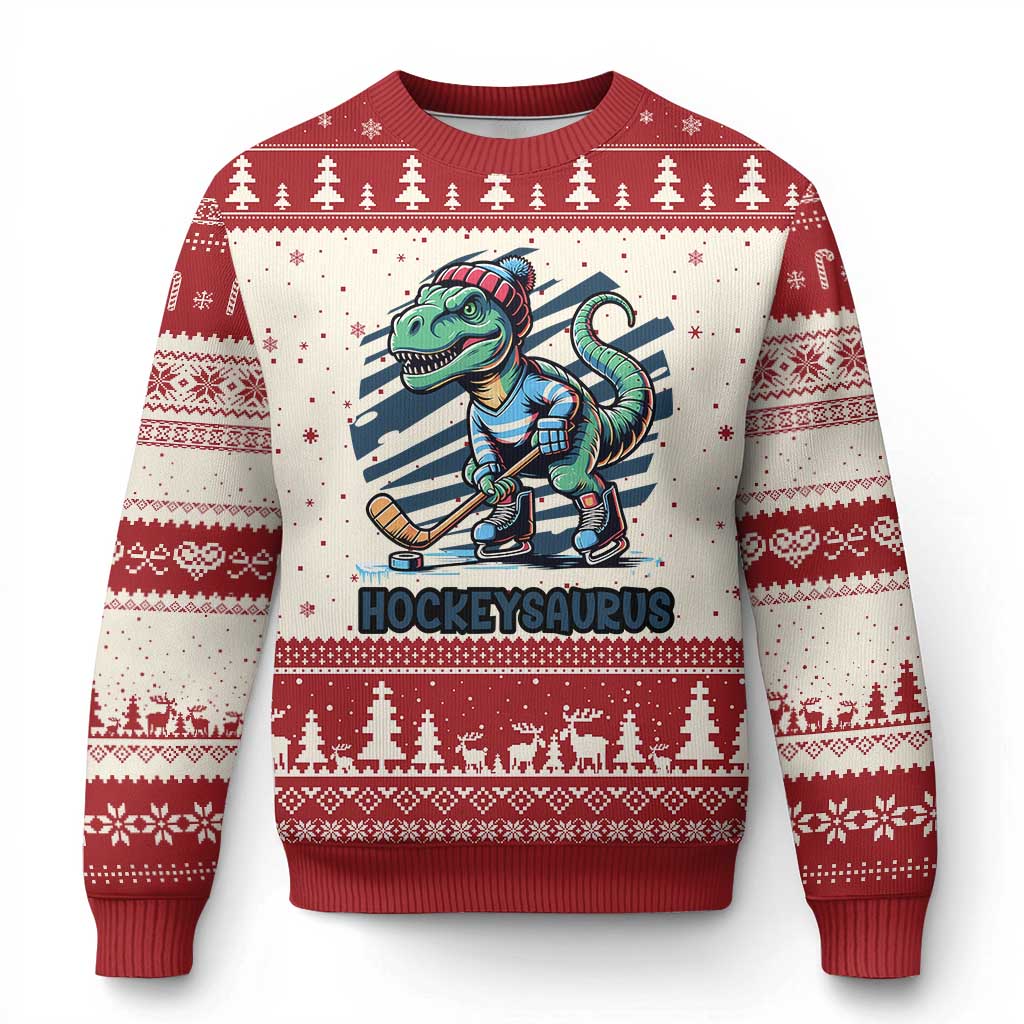 Funny Dinosaur Playing Ice Hockey Ugly Christmas Sweater Hockeysaurus Gift For Kids TS12 Beige Red Print Your Wear