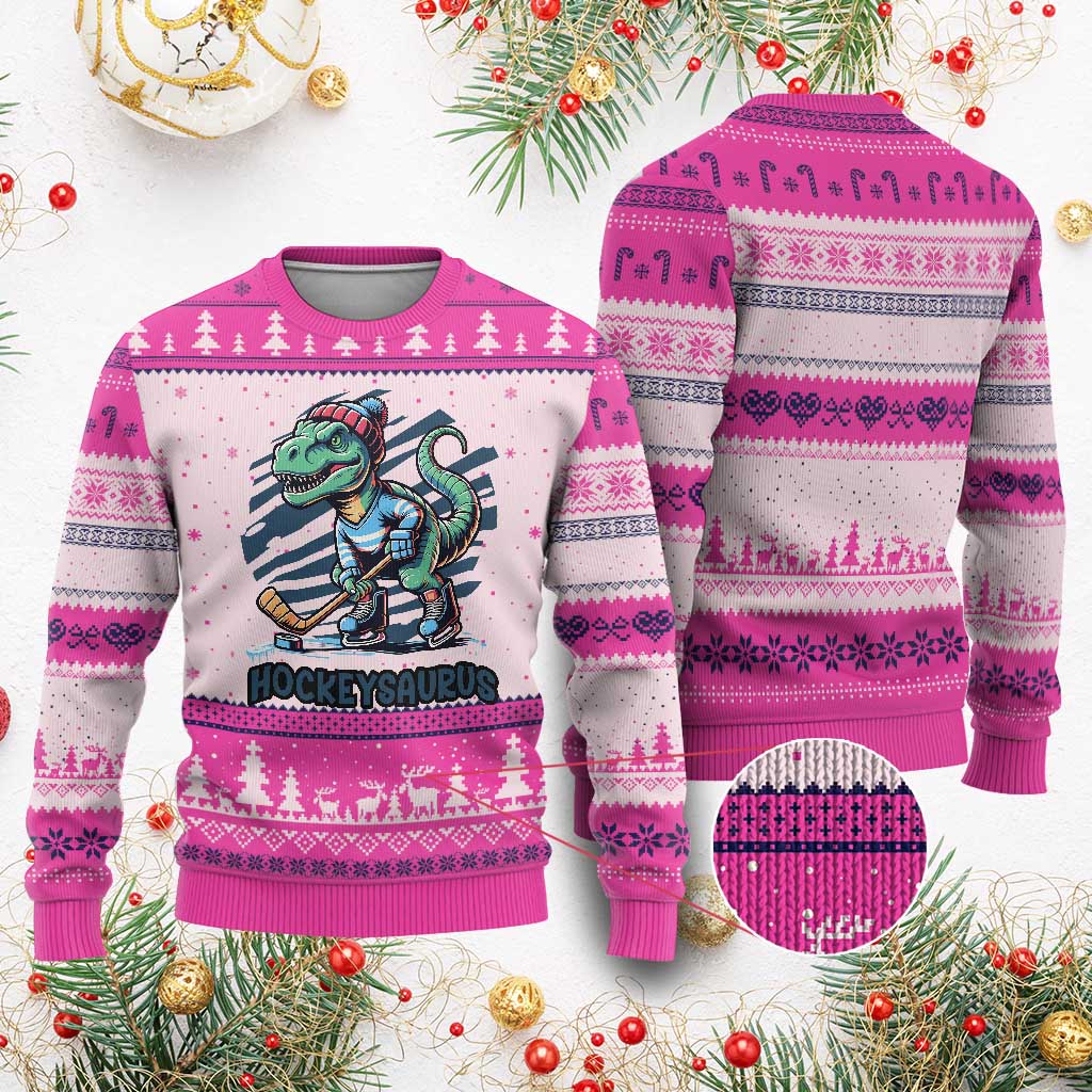 Funny Dinosaur Playing Ice Hockey Ugly Christmas Sweater Hockeysaurus Gift For Kids TS12 Hot Pink Print Your Wear