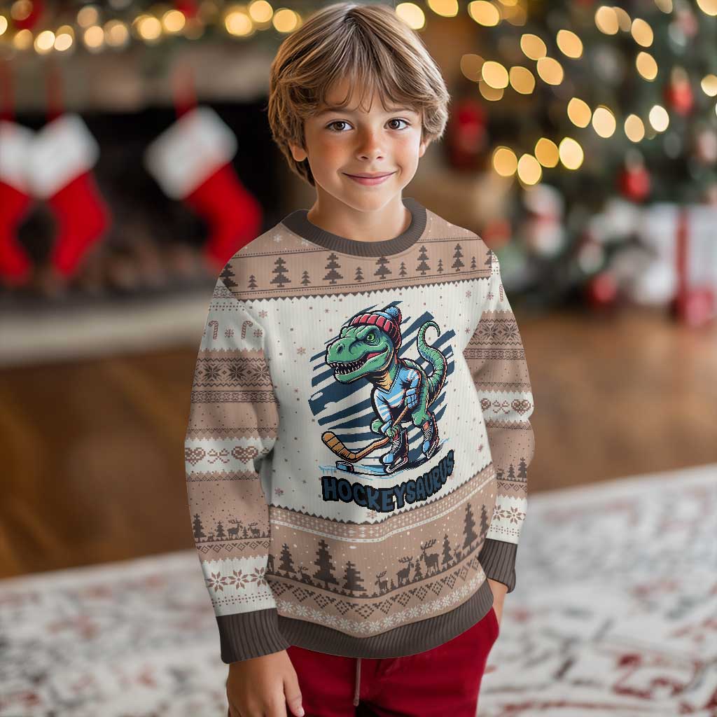 Funny Dinosaur Playing Ice Hockey Ugly Christmas Sweater Hockeysaurus Gift For Kids TS12 Mocha Mousse Print Your Wear