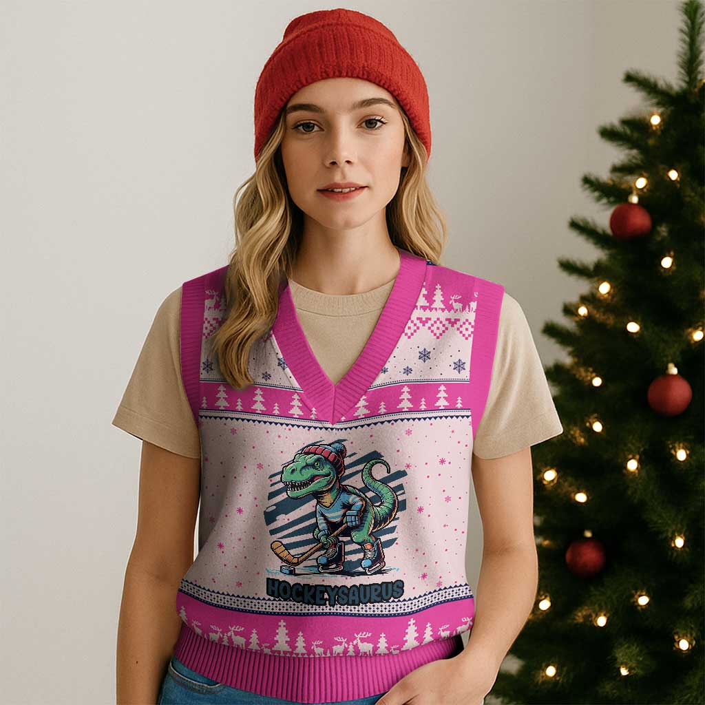Funny Dinosaur Playing Ice Hockey V-Neck Knit Sweater Vest Hockeysaurus Gift For Kids TS12 Hot Pink Print Your Wear