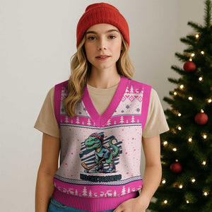Funny Dinosaur Playing Ice Hockey V-Neck Knit Sweater Vest Hockeysaurus Gift For Kids TS12 Hot Pink Print Your Wear