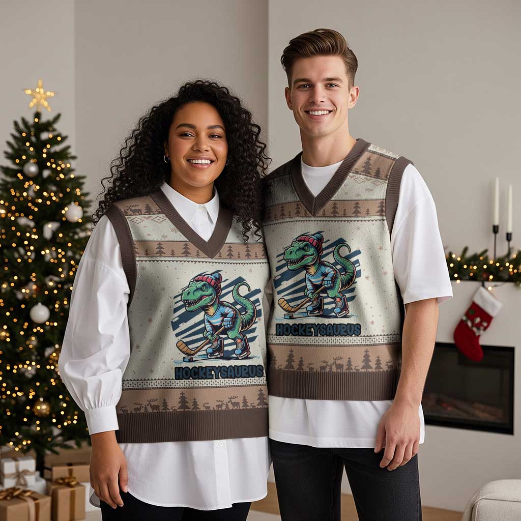 Funny Dinosaur Playing Ice Hockey V-Neck Knit Sweater Vest Hockeysaurus Gift For Kids TS12 Mocha Mousse Print Your Wear