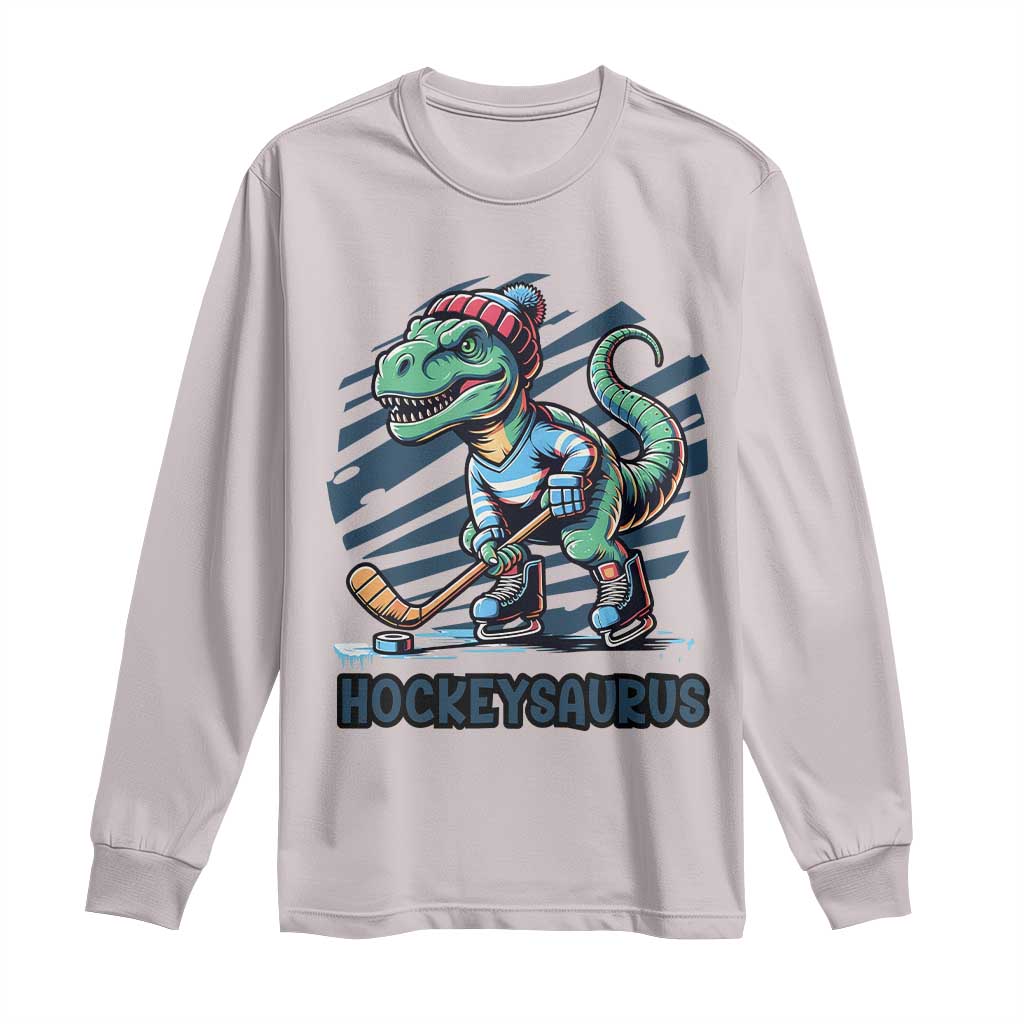 Funny Dinosaur Playing Ice Hockey Long Sleeve Shirt Hockeysaurus Gift For Kids TS12 Ice Gray Print Your Wear