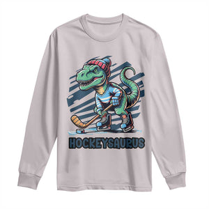 Funny Dinosaur Playing Ice Hockey Long Sleeve Shirt Hockeysaurus Gift For Kids TS12 Ice Gray Print Your Wear