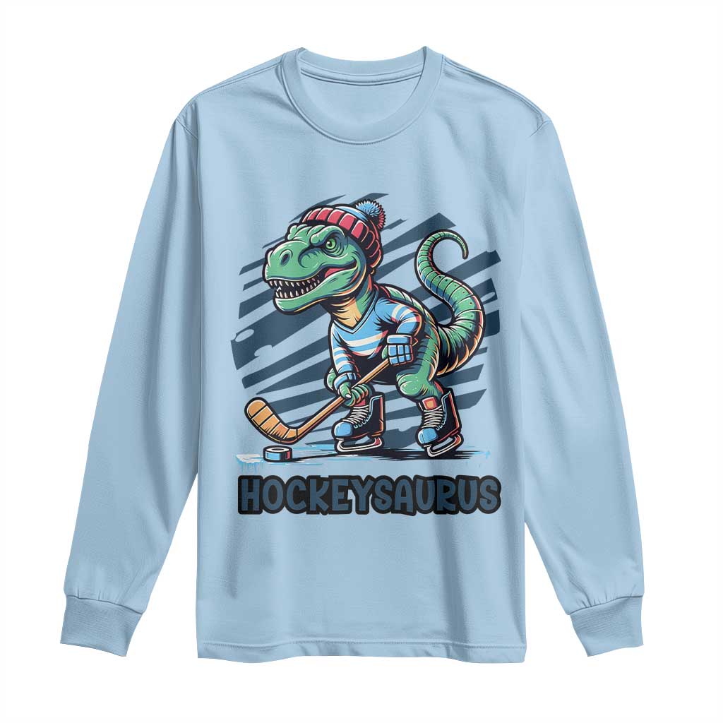 Funny Dinosaur Playing Ice Hockey Long Sleeve Shirt Hockeysaurus Gift For Kids TS12 Light Blue Print Your Wear