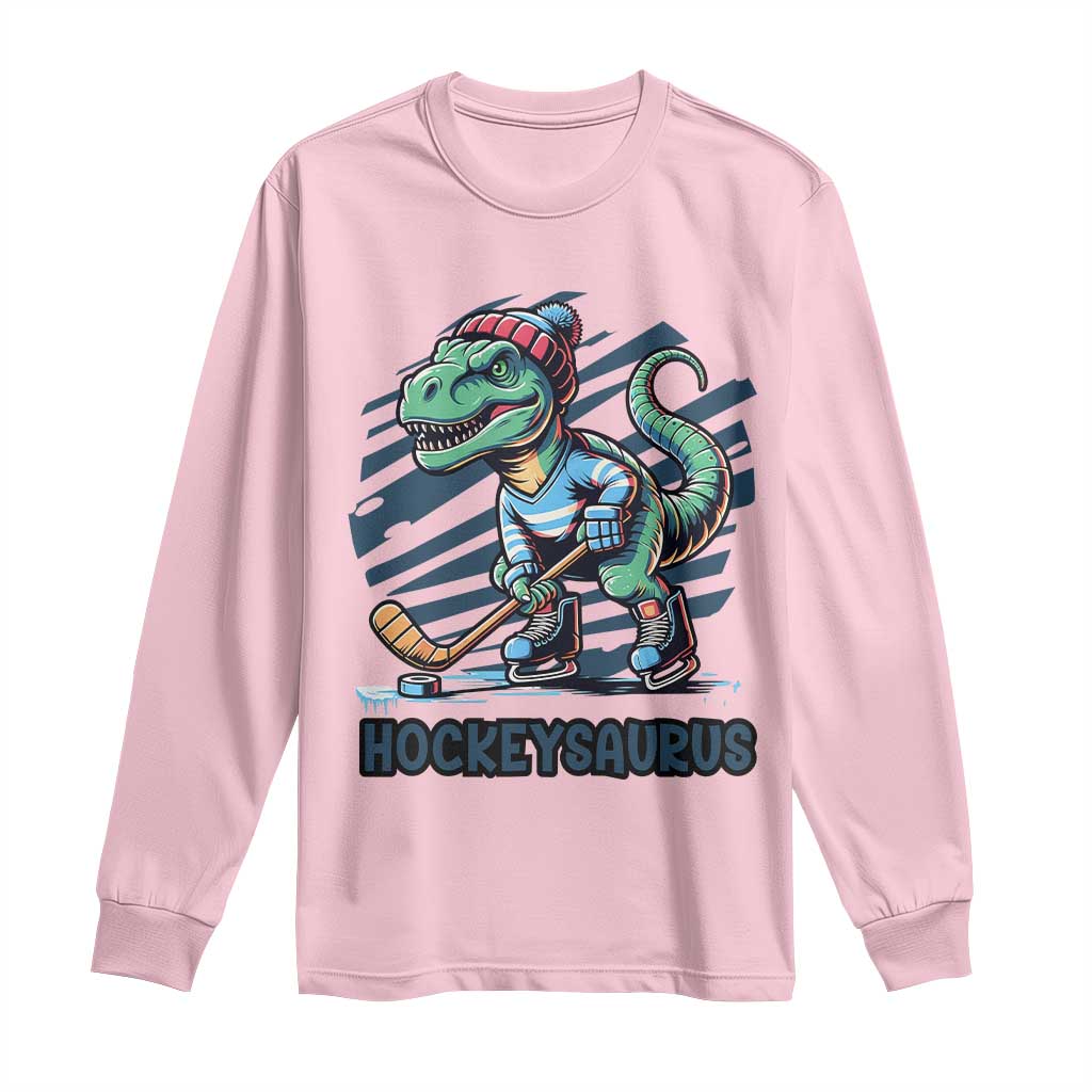 Funny Dinosaur Playing Ice Hockey Long Sleeve Shirt Hockeysaurus Gift For Kids TS12 Light Pink Print Your Wear