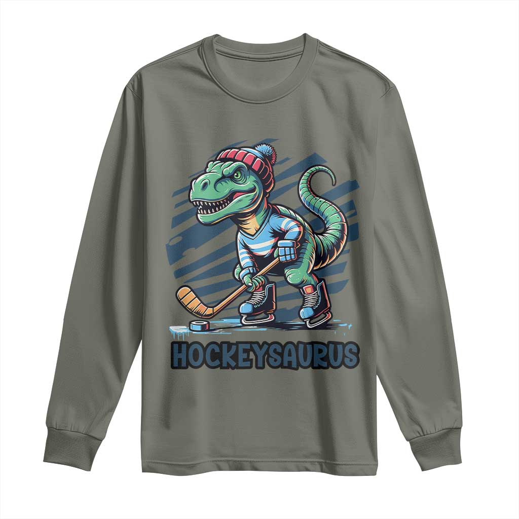 Funny Dinosaur Playing Ice Hockey Long Sleeve Shirt Hockeysaurus Gift For Kids TS12 Military Green Print Your Wear