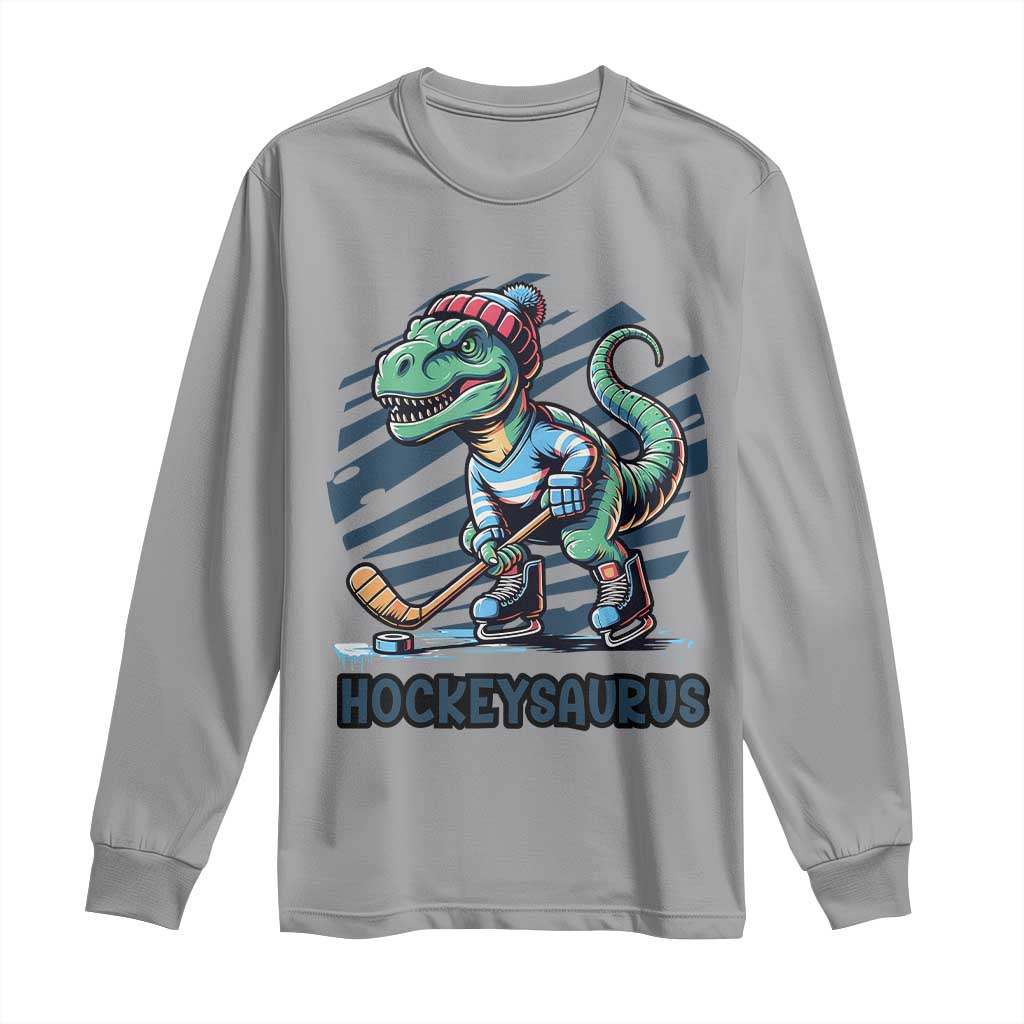 Funny Dinosaur Playing Ice Hockey Long Sleeve Shirt Hockeysaurus Gift For Kids TS12 Sport Gray Print Your Wear