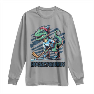 Funny Dinosaur Playing Ice Hockey Long Sleeve Shirt Hockeysaurus Gift For Kids TS12 Sport Gray Print Your Wear