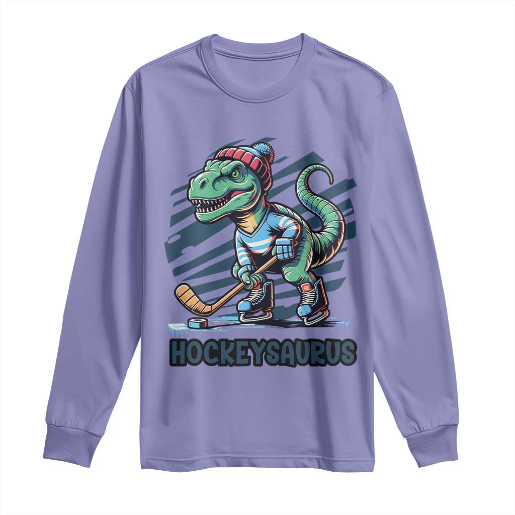 Funny Dinosaur Playing Ice Hockey Long Sleeve Shirt Hockeysaurus Gift For Kids TS12 Violet Print Your Wear