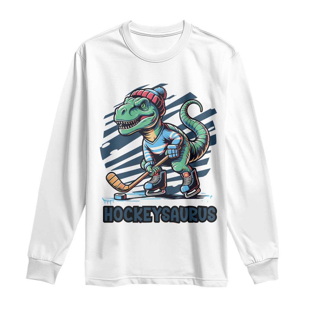 Funny Dinosaur Playing Ice Hockey Long Sleeve Shirt Hockeysaurus Gift For Kids TS12 White Print Your Wear