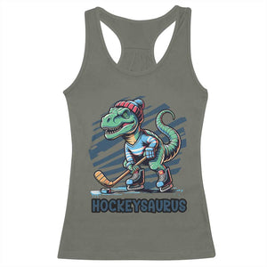 Funny Dinosaur Playing Ice Hockey Racerback Tank Top Hockeysaurus Gift For Kids TS12 Military Green Print Your Wear