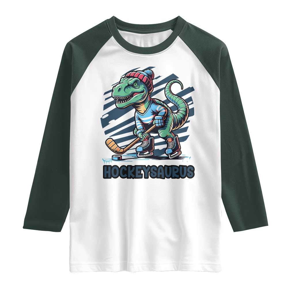 Funny Dinosaur Playing Ice Hockey Raglan Shirt Hockeysaurus Gift For Kids TS12 White Dark Forest Green Print Your Wear
