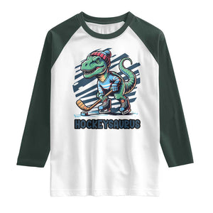 Funny Dinosaur Playing Ice Hockey Raglan Shirt Hockeysaurus Gift For Kids TS12 White Dark Forest Green Print Your Wear