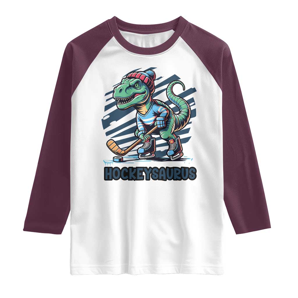 Funny Dinosaur Playing Ice Hockey Raglan Shirt Hockeysaurus Gift For Kids TS12 White Maroon Print Your Wear