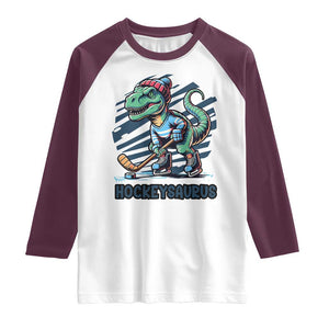 Funny Dinosaur Playing Ice Hockey Raglan Shirt Hockeysaurus Gift For Kids TS12 White Maroon Print Your Wear