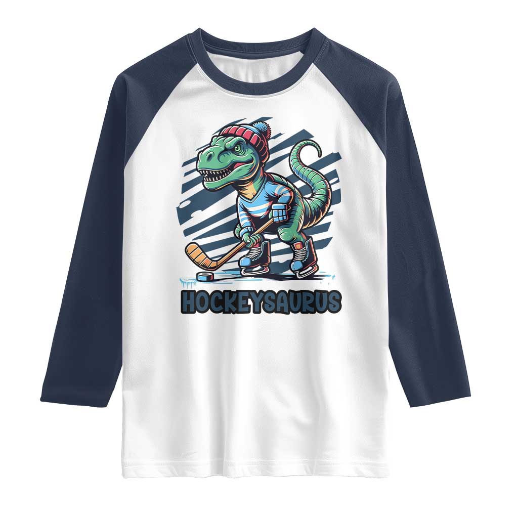 Funny Dinosaur Playing Ice Hockey Raglan Shirt Hockeysaurus Gift For Kids TS12 White Navy Print Your Wear