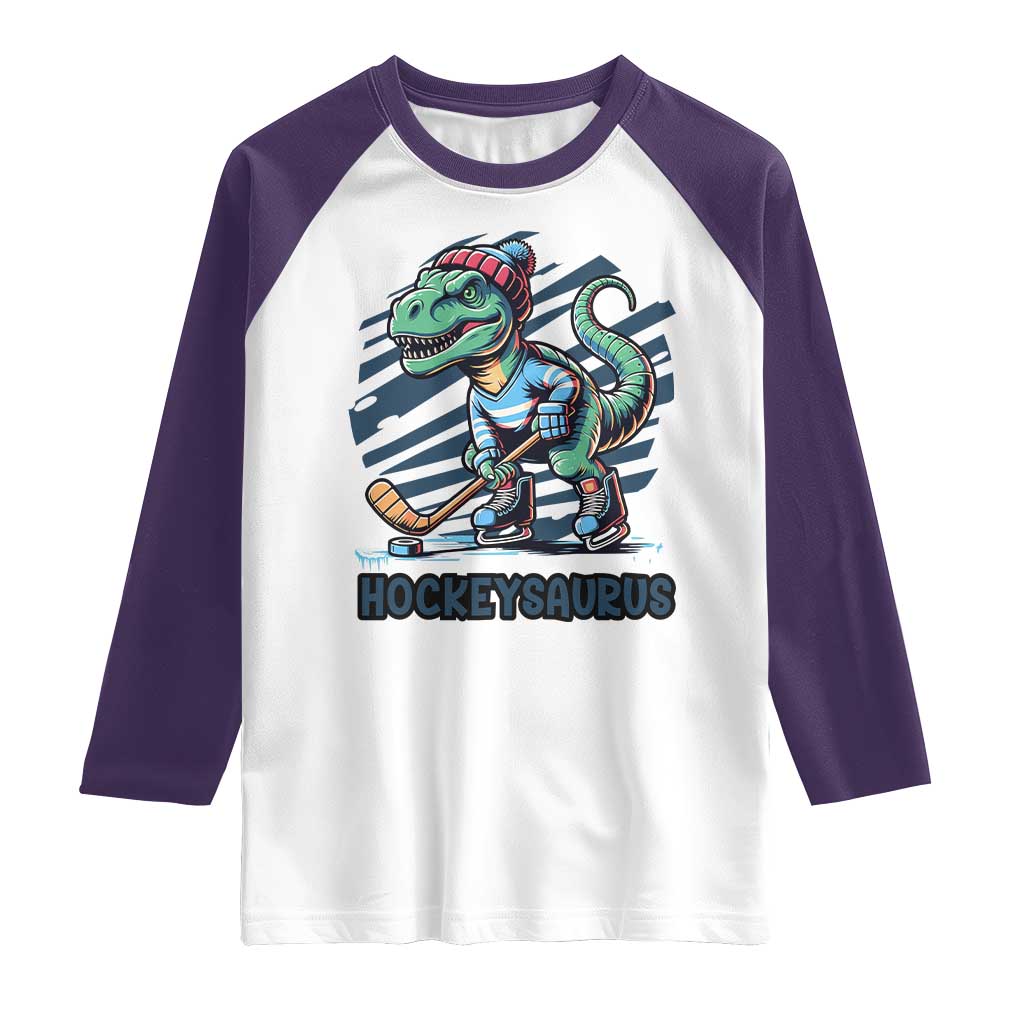 Funny Dinosaur Playing Ice Hockey Raglan Shirt Hockeysaurus Gift For Kids TS12 White Purple Print Your Wear