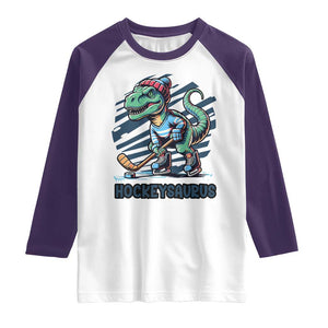 Funny Dinosaur Playing Ice Hockey Raglan Shirt Hockeysaurus Gift For Kids TS12 White Purple Print Your Wear