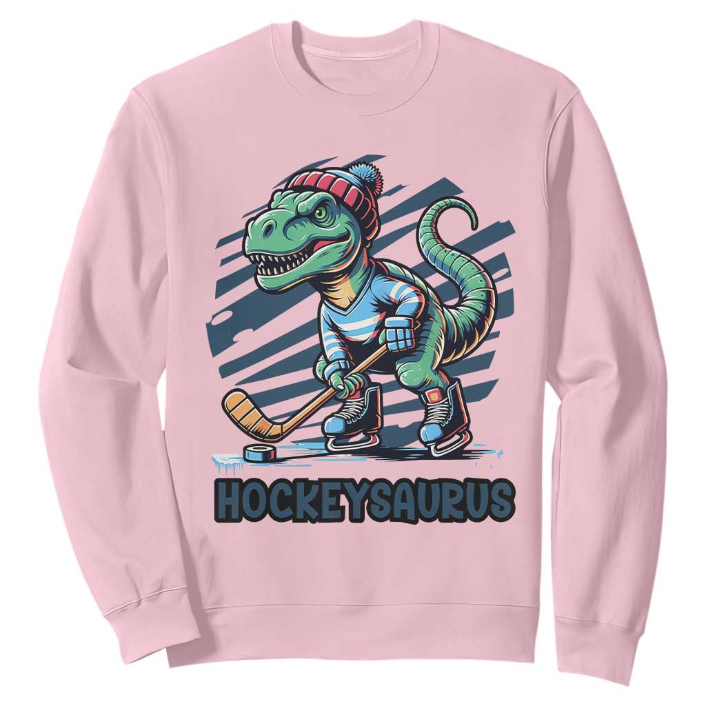 Funny Dinosaur Playing Ice Hockey Sweatshirt Hockeysaurus Gift For Kids TS12 Light Pink Print Your Wear