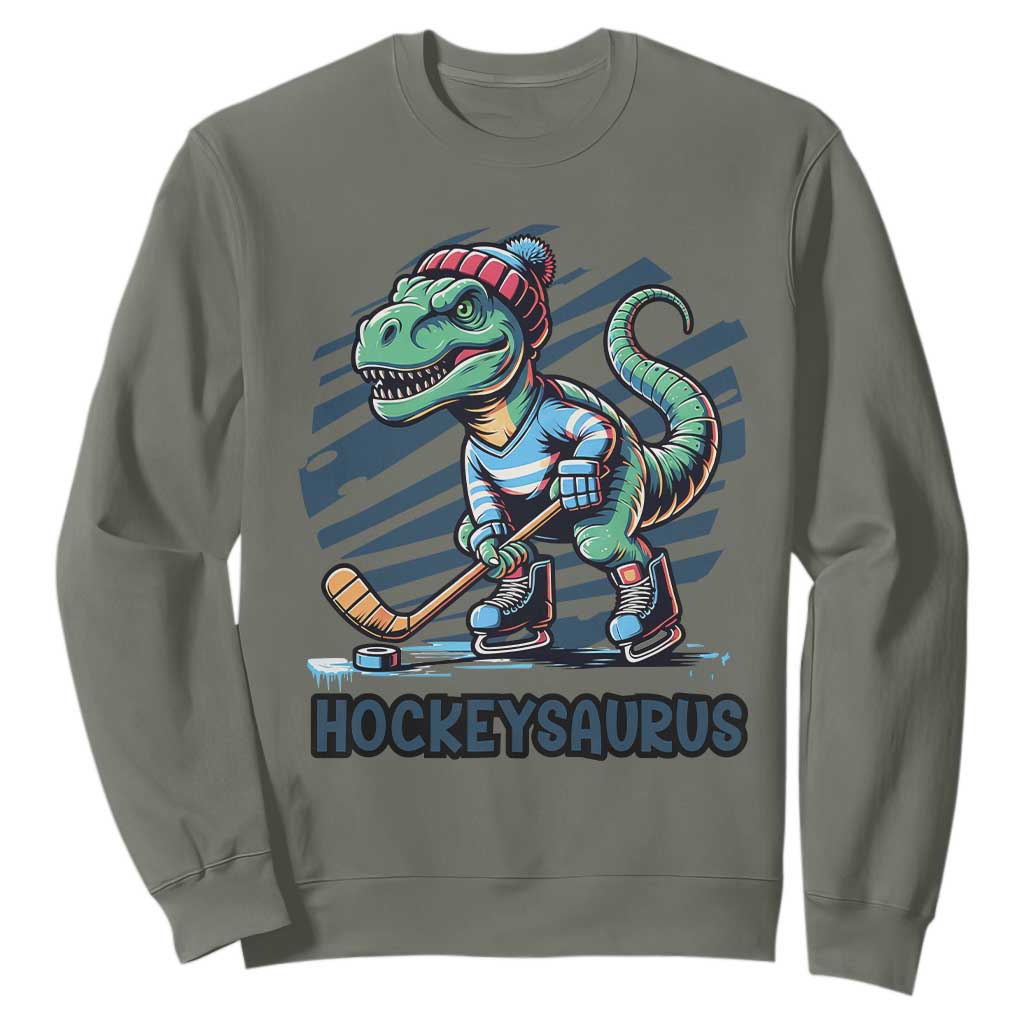 Funny Dinosaur Playing Ice Hockey Sweatshirt Hockeysaurus Gift For Kids TS12 Military Green Print Your Wear