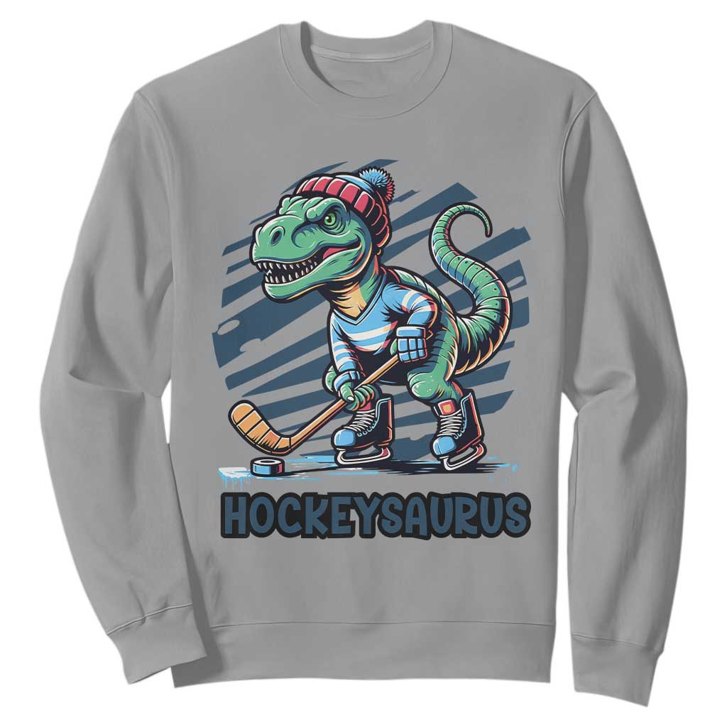 Funny Dinosaur Playing Ice Hockey Sweatshirt Hockeysaurus Gift For Kids TS12 Sport Gray Print Your Wear