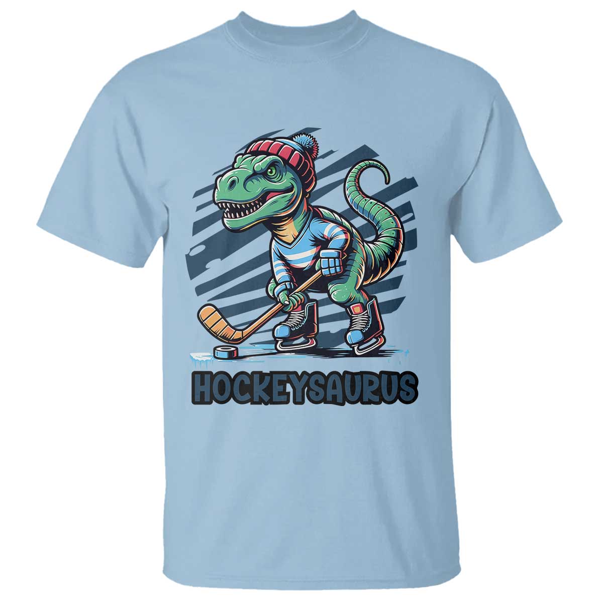 Funny Dinosaur Playing Ice Hockey T Shirt Hockeysaurus Gift For Kids TS12 Light Blue Print Your Wear