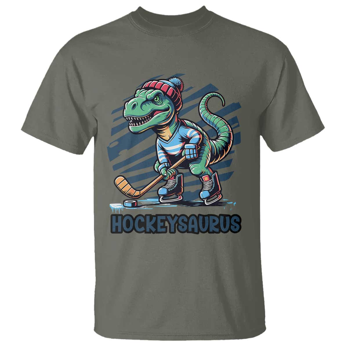 Funny Dinosaur Playing Ice Hockey T Shirt Hockeysaurus Gift For Kids TS12 Military Green Print Your Wear