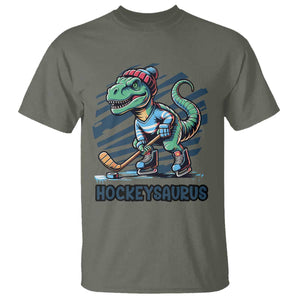 Funny Dinosaur Playing Ice Hockey T Shirt Hockeysaurus Gift For Kids TS12 Military Green Print Your Wear