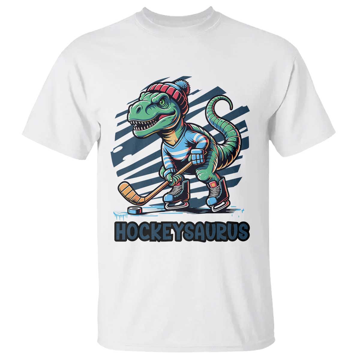 Funny Dinosaur Playing Ice Hockey T Shirt Hockeysaurus Gift For Kids TS12 White Print Your Wear