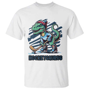 Funny Dinosaur Playing Ice Hockey T Shirt Hockeysaurus Gift For Kids TS12 White Print Your Wear