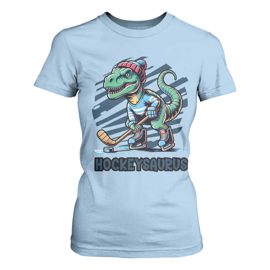 Funny Dinosaur Playing Ice Hockey T Shirt For Women Hockeysaurus Gift For Kids TS12 Light Blue Print Your Wear