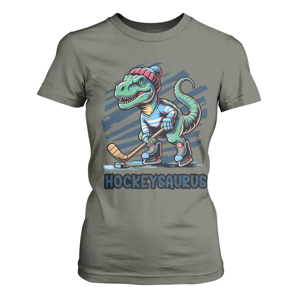 Funny Dinosaur Playing Ice Hockey T Shirt For Women Hockeysaurus Gift For Kids TS12 Military Green Print Your Wear