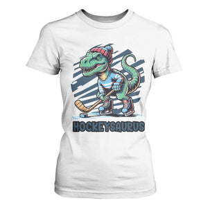 Funny Dinosaur Playing Ice Hockey T Shirt For Women Hockeysaurus Gift For Kids TS12 White Print Your Wear