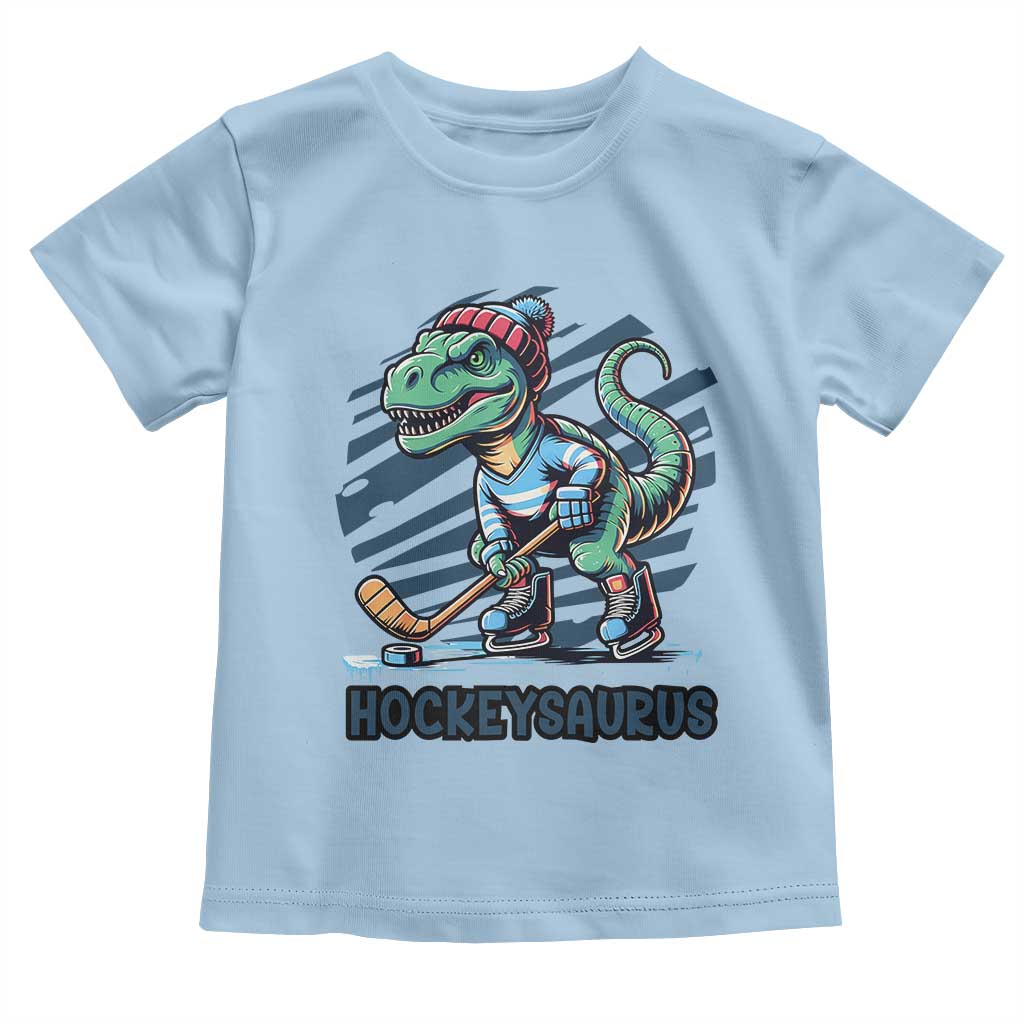 Funny Dinosaur Playing Ice Hockey Toddler T Shirt Hockeysaurus Gift For Kids TS12 Light Blue Print Your Wear