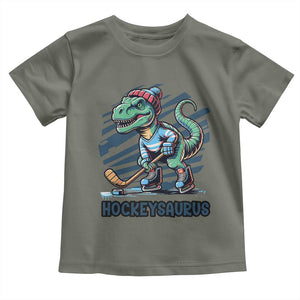 Funny Dinosaur Playing Ice Hockey Toddler T Shirt Hockeysaurus Gift For Kids TS12 Military Green Print Your Wear