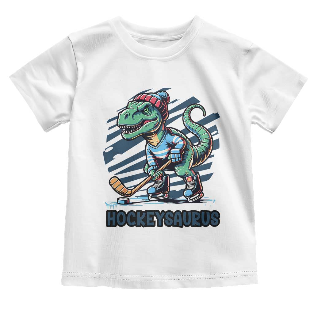 Funny Dinosaur Playing Ice Hockey Toddler T Shirt Hockeysaurus Gift For Kids TS12 White Print Your Wear