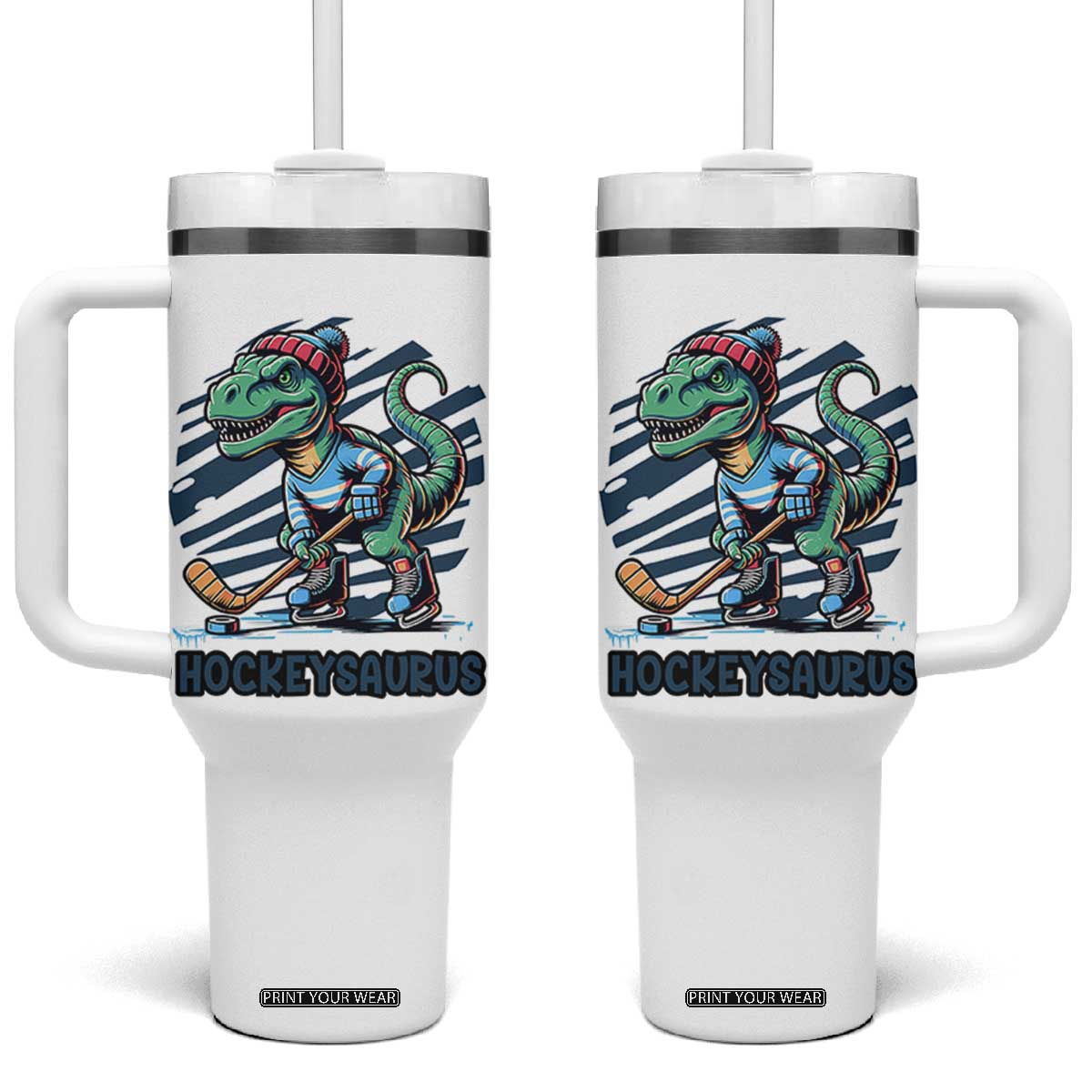 Funny Dinosaur Playing Ice Hockey Tumbler With Handle Hockeysaurus Gift For Kids TS12 One Size: 40 oz White Print Your Wear