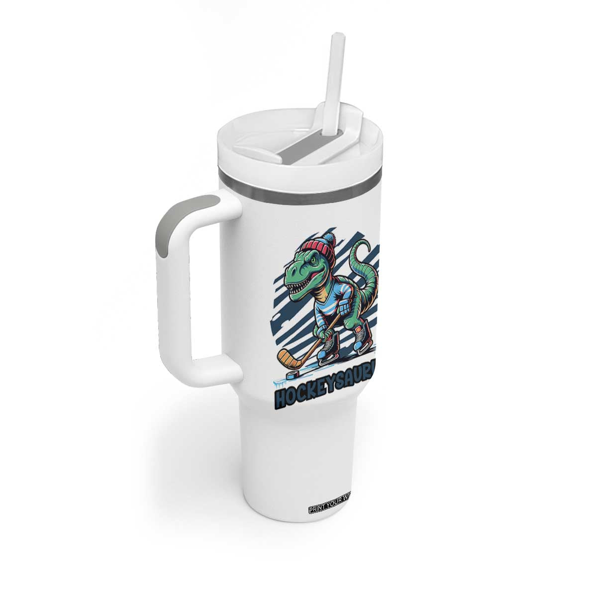 Funny Dinosaur Playing Ice Hockey Tumbler With Handle Hockeysaurus Gift For Kids TS12 Print Your Wear