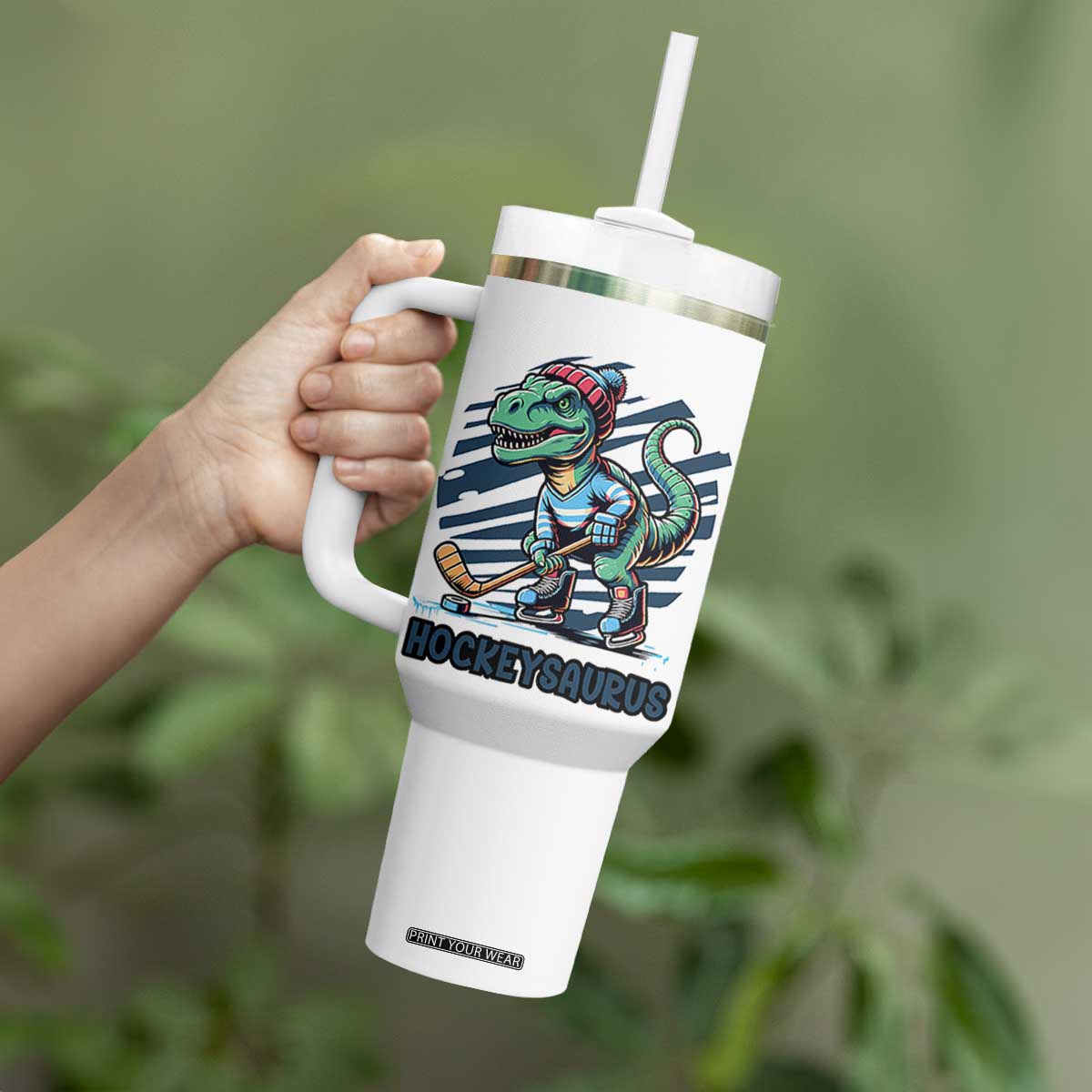 Funny Dinosaur Playing Ice Hockey Tumbler With Handle Hockeysaurus Gift For Kids TS12 Print Your Wear