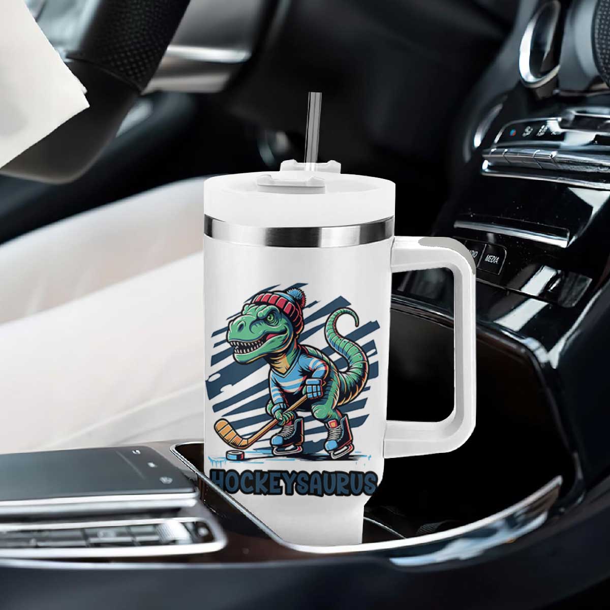 Funny Dinosaur Playing Ice Hockey Tumbler With Handle Hockeysaurus Gift For Kids TS12 Print Your Wear