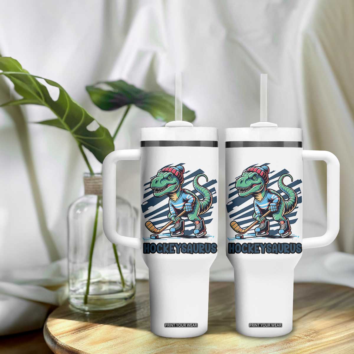 Funny Dinosaur Playing Ice Hockey Tumbler With Handle Hockeysaurus Gift For Kids TS12 Print Your Wear